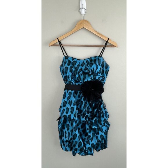 City Studio Blue & Black Leopard‎ Ruffle Dress Size 5 Junior Y2K Prom Feathers - Picture 1 of 11